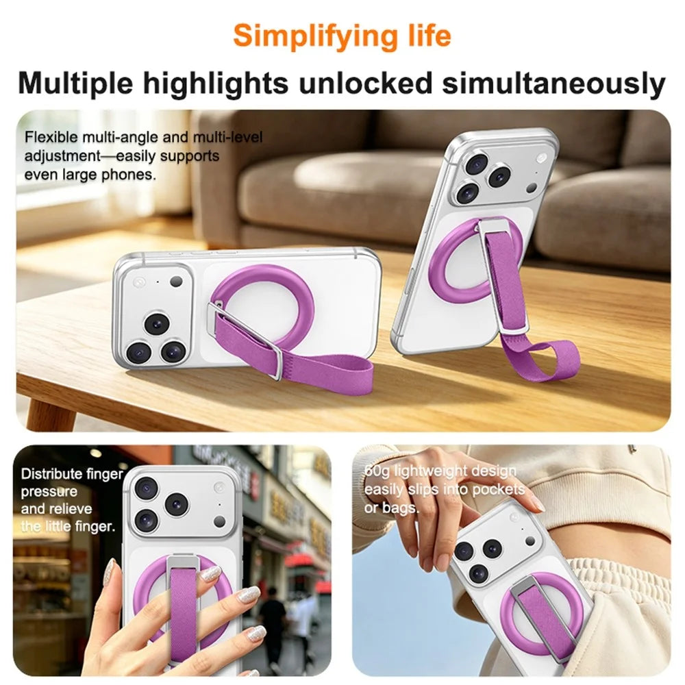 3 in 1 Magnetic Phone Grip Ring Stand for iPhone 12 - 17 Series Woven Strap Kickstand Design - Rose - 5