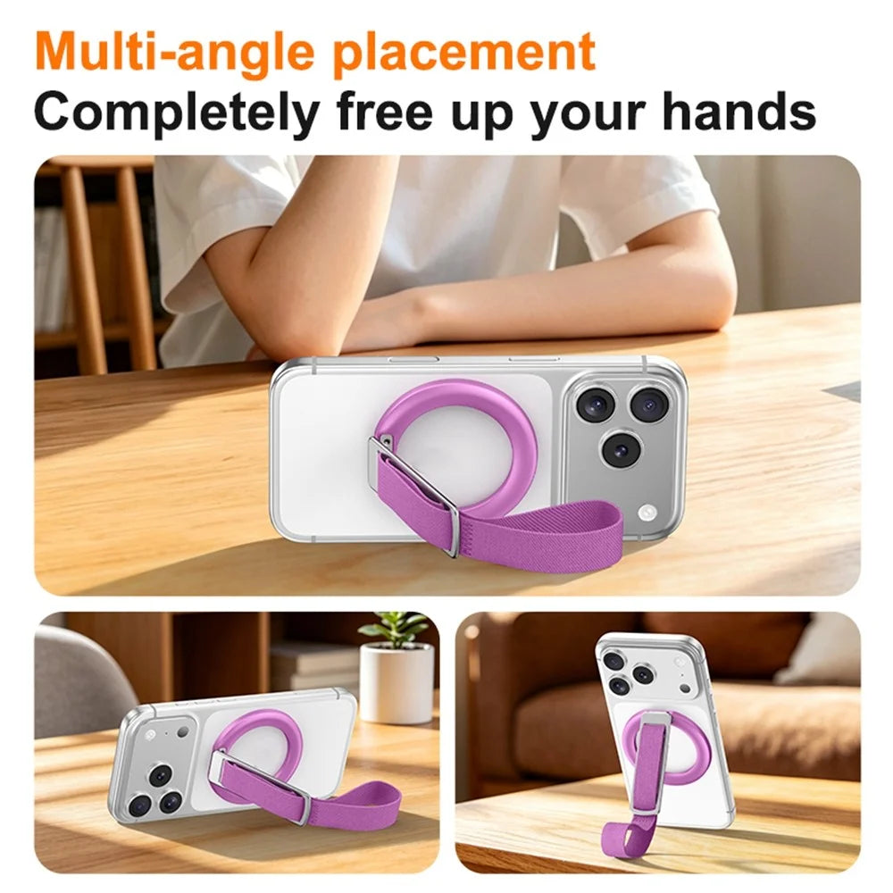 3 in 1 Magnetic Phone Grip Ring Stand for iPhone 12 - 17 Series Woven Strap Kickstand Design - Rose - 7