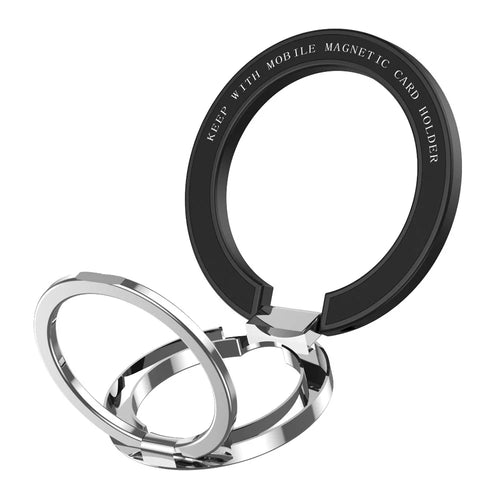 Magnetic Phone Ring, Double-axis Magnetic Metal Phone Grip Ring Holder with Adjustable Kickstand - Black - 1