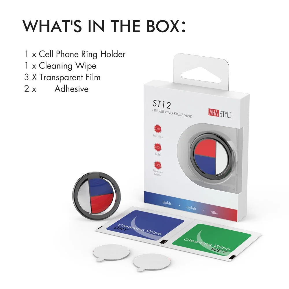 AHASTYLE ST12 Aluminum Alloy Rotatable Foldable Ring Buckle Phone Holder Desktop Mobile Phone Kickstand - Red / White / Blue - 7