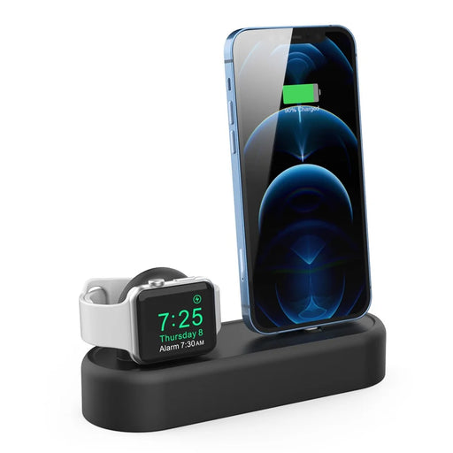 AHASTYLE PT56-S For iPhone 12 / 13 / 14 / Apple Watch Stand Holder 2 in 1 Silicone Charging Dock with Cable Adapter - Black - 2