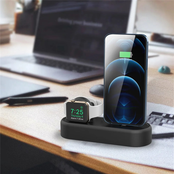 AHASTYLE PT56-S For iPhone 12 / 13 / 14 / Apple Watch Stand Holder 2 in 1 Silicone Charging Dock with Cable Adapter - Black - 6