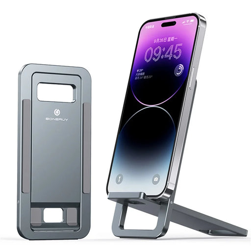 BONERUY T6 Cell Phone Stand Foldable Aluminum Adjustable Phone Tablet Holder Cradle Dock for Desk Travel - Dark Grey - 1