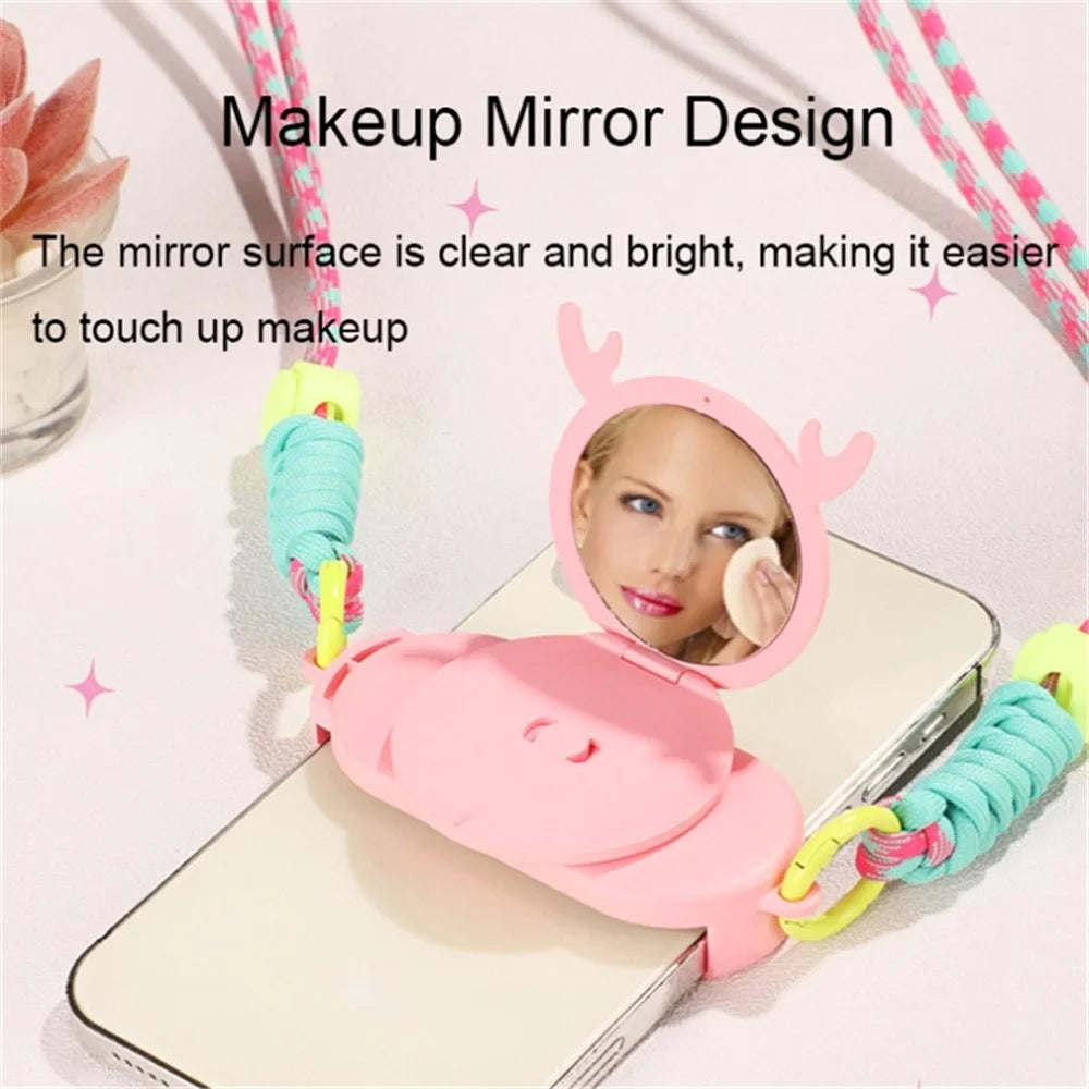 Phone Crossbody Lanyard Rotary Back Clamp Phone Holder Nylon Braided Shoulder Strap with Makeup Mirror Stand - Pink - 3