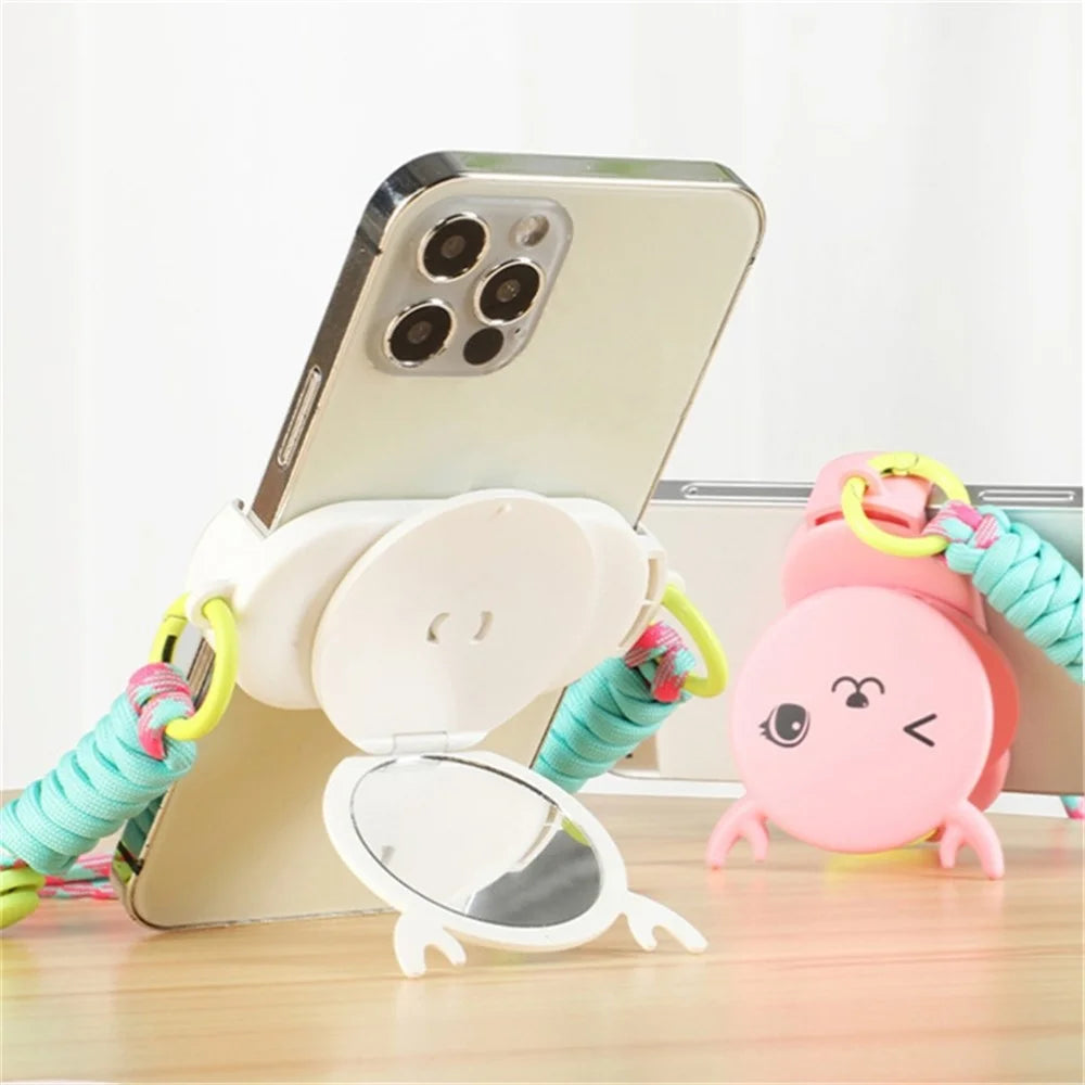Phone Crossbody Lanyard Rotary Back Clamp Phone Holder Nylon Braided Shoulder Strap with Makeup Mirror Stand - Pink - 7