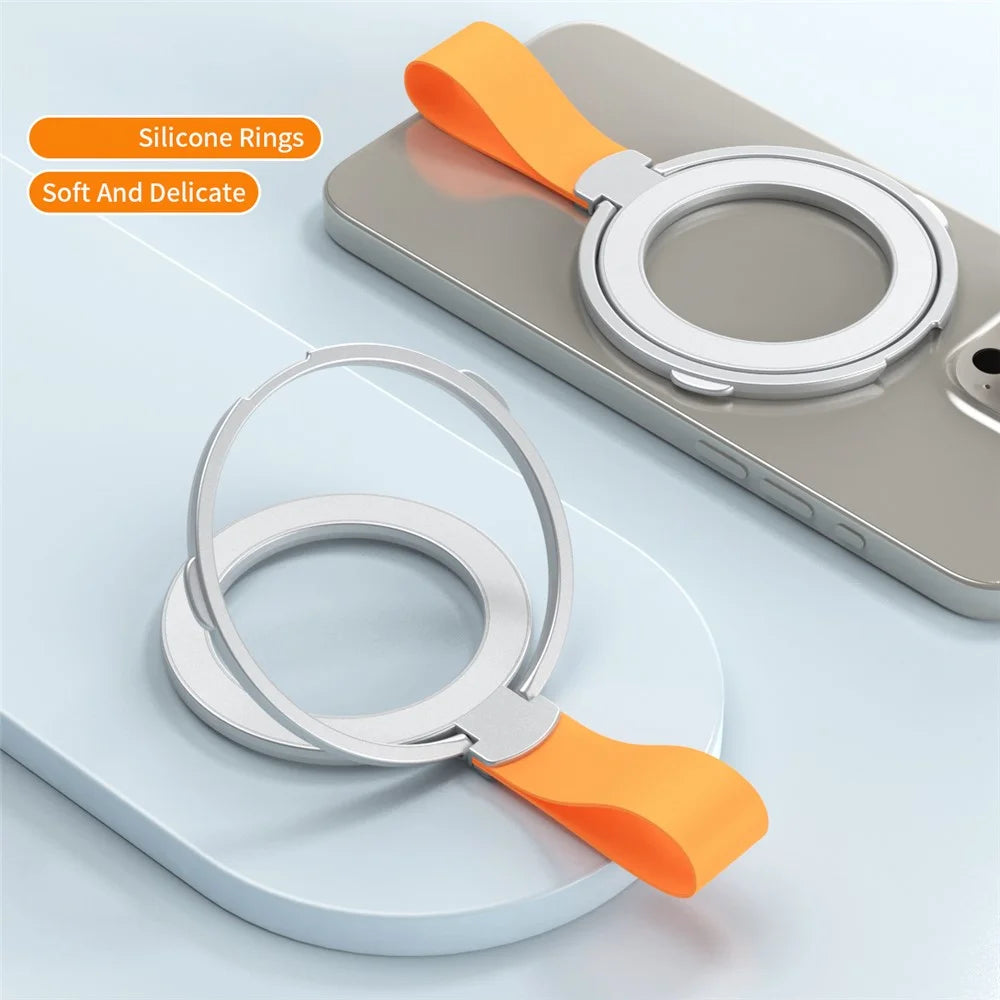 Magnetic Phone Grip Dual Ring Holder Phone Kickstand Foldable Stand with Strap - Silver+Orange - 2