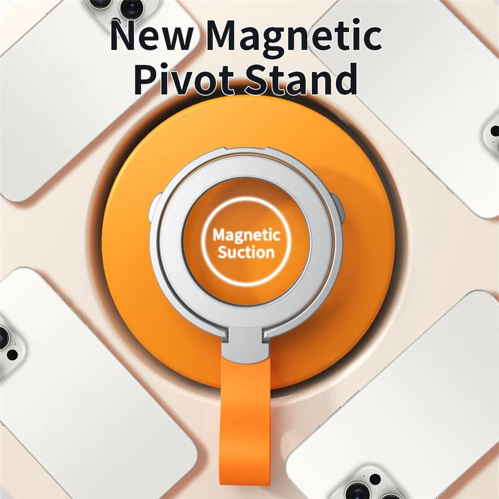 Magnetic Phone Grip Dual Ring Holder Phone Kickstand Foldable Stand with Strap - Silver+Orange - 3