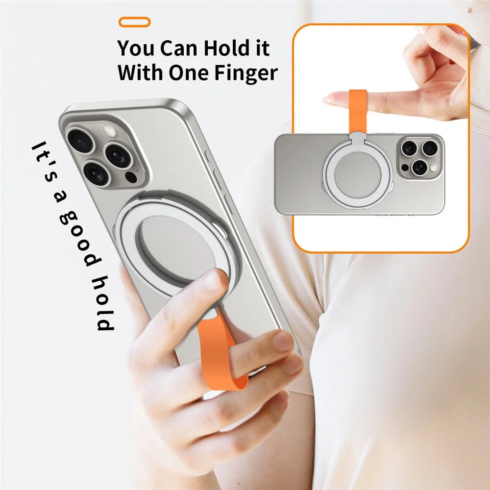 Magnetic Phone Grip Dual Ring Holder Phone Kickstand Foldable Stand with Strap - Silver+Orange - 5