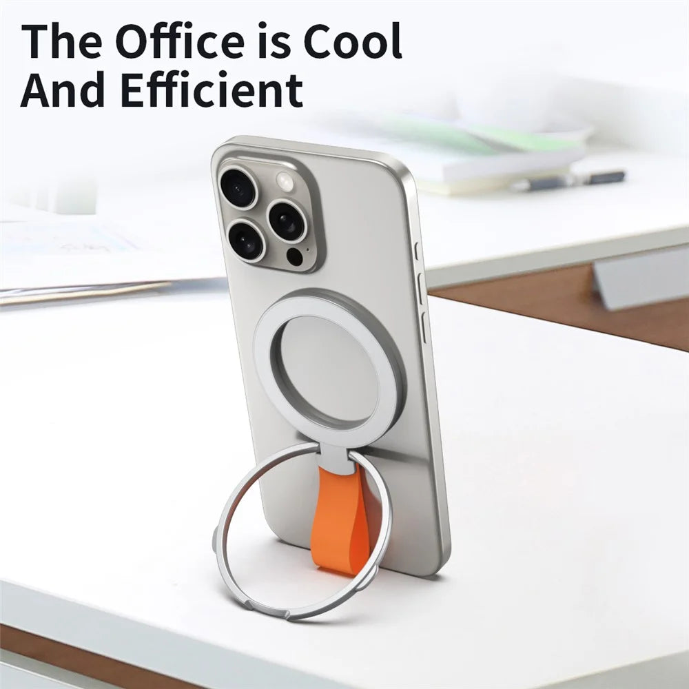 Magnetic Phone Grip Dual Ring Holder Phone Kickstand Foldable Stand with Strap - Silver+Orange - 6