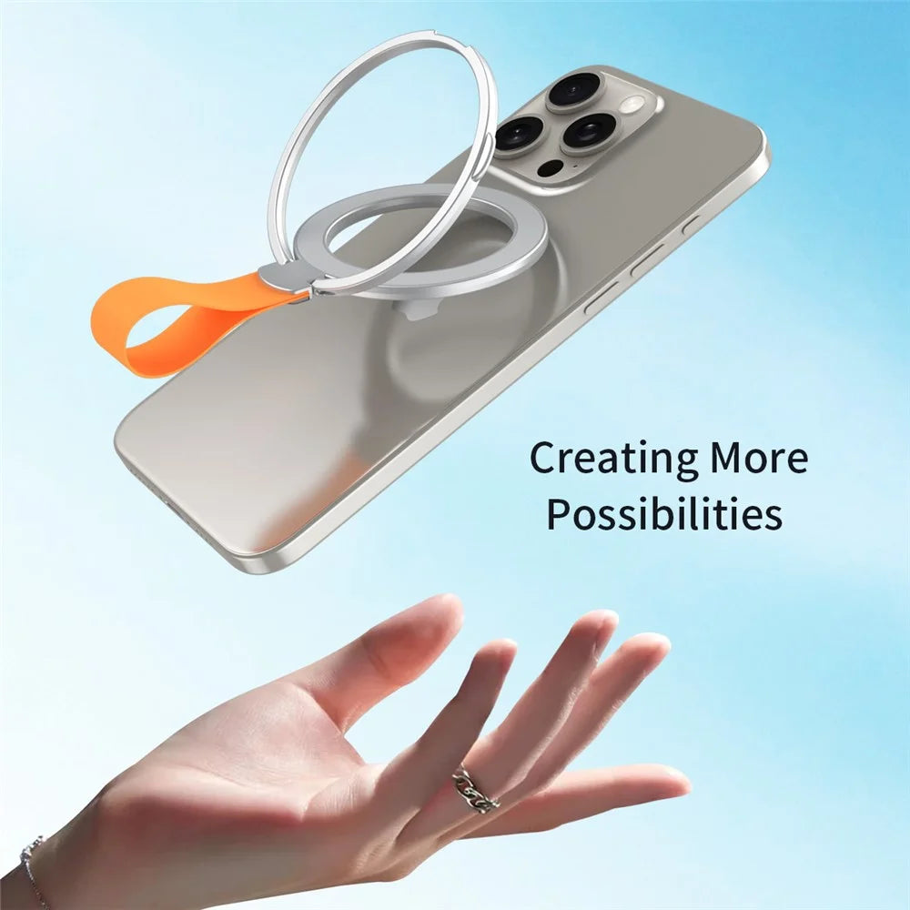 Magnetic Phone Grip Dual Ring Holder Phone Kickstand Foldable Stand with Strap - Silver+Orange - 7