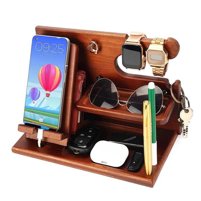 00659 Solid Wooden Phone Stand Multi-Functional Bedside Organizer for iPhone 16 / 16 Plus / 16 Pro / 16 Pro Max - 2