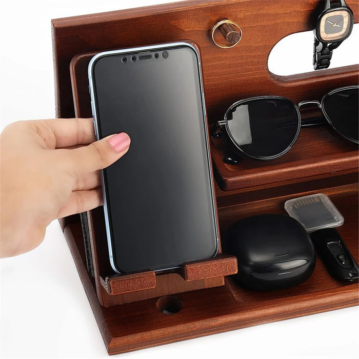 00659 Solid Wooden Phone Stand Multi-Functional Bedside Organizer for iPhone 16 / 16 Plus / 16 Pro / 16 Pro Max - 3