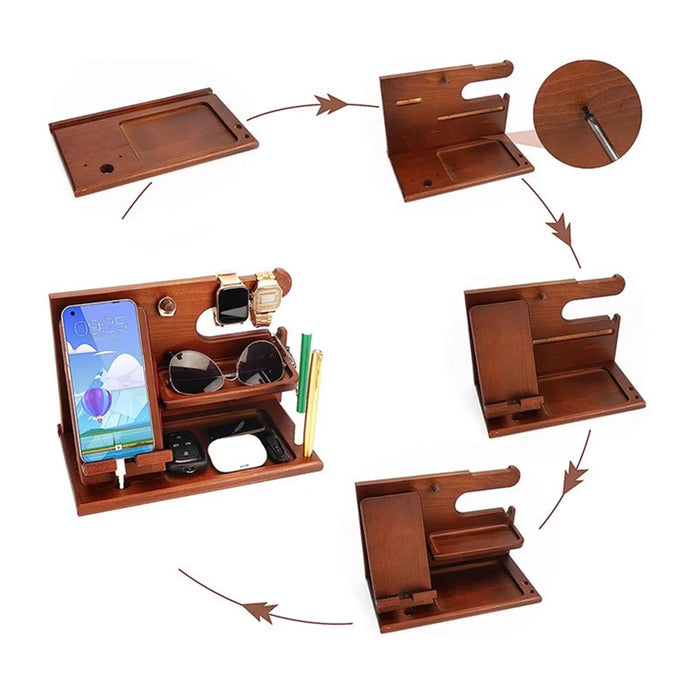 00659 Solid Wooden Phone Stand Multi-Functional Bedside Organizer for iPhone 16 / 16 Plus / 16 Pro / 16 Pro Max - 4