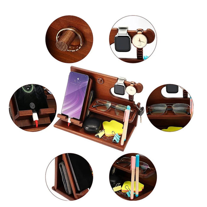 00659 Solid Wooden Phone Stand Multi-Functional Bedside Organizer for iPhone 16 / 16 Plus / 16 Pro / 16 Pro Max - 5