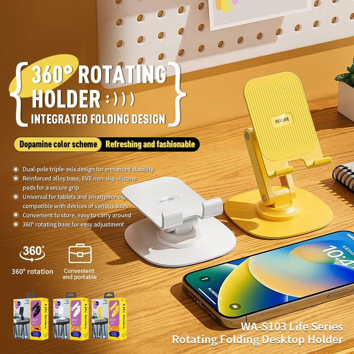 WEKOME Life Series WA-SL03 Foldable Phone Stand ABS+Silicone Rotatable Desktop Cradle Dock - Yellow - 2