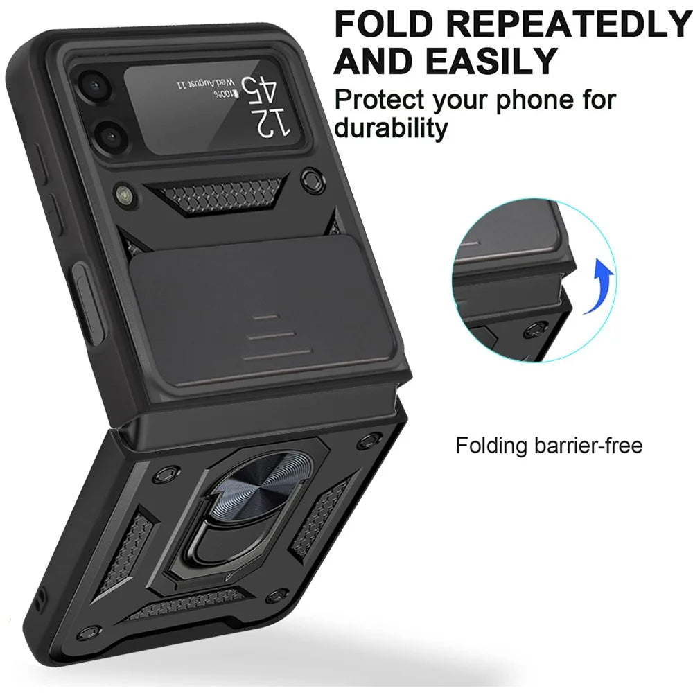 For Samsung Galaxy Z Flip4 5G Anti-wear Phone Shell Slide Camera Protection PC + TPU Ring Kickstand Anti-scratch Phone Cover Case - Black - 2