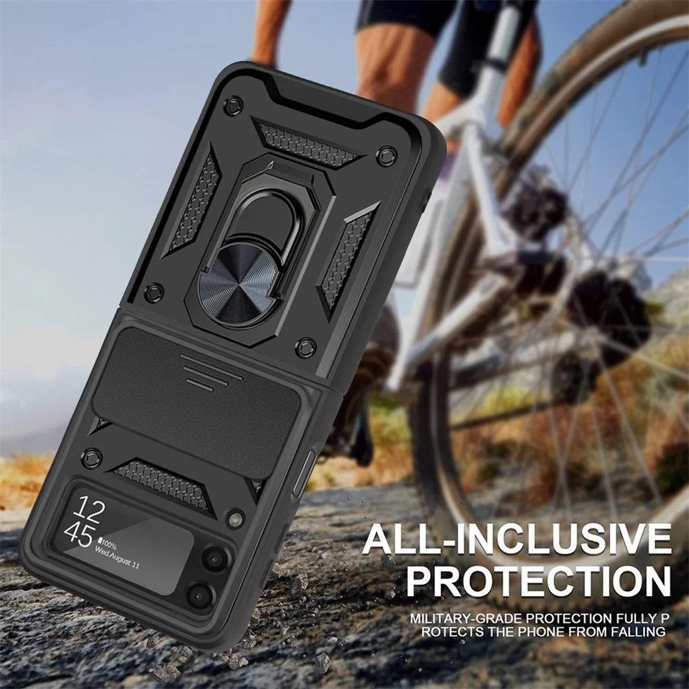 For Samsung Galaxy Z Flip4 5G Anti-wear Phone Shell Slide Camera Protection PC + TPU Ring Kickstand Anti-scratch Phone Cover Case - Black - 3