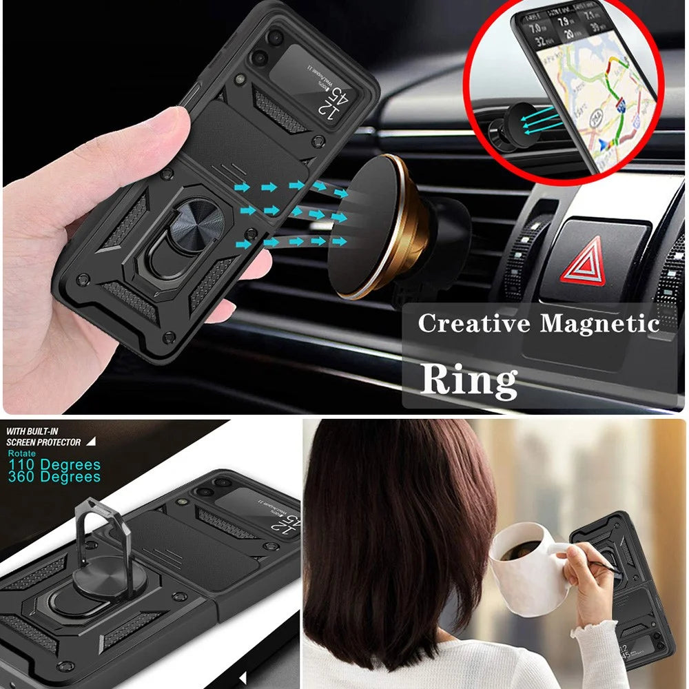 For Samsung Galaxy Z Flip4 5G Anti-wear Phone Shell Slide Camera Protection PC + TPU Ring Kickstand Anti-scratch Phone Cover Case - Black - 5