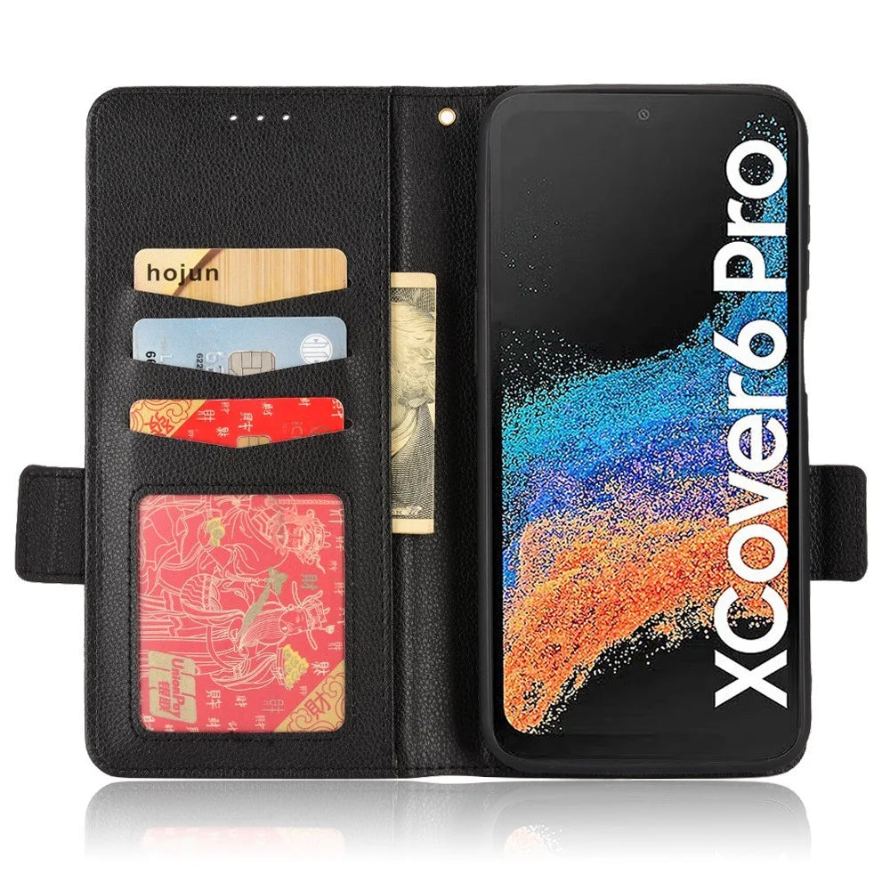 For Samsung Galaxy Xcover6 Pro 5G Anti-scratch Phone Flip Folio Case Litchi Texture Dual Magnetic Clasp PU Leather Phone Cover Wallet Stand - Black - 2