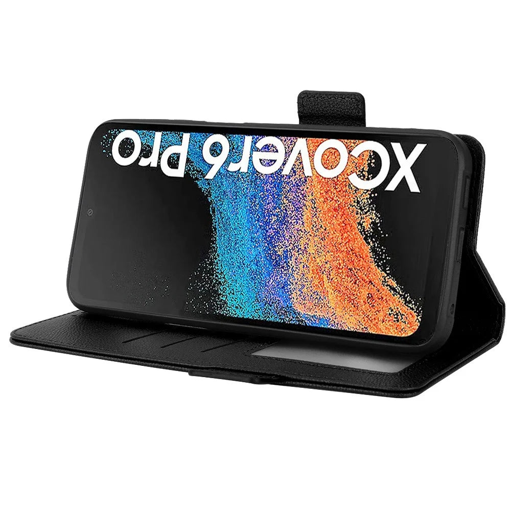 For Samsung Galaxy Xcover6 Pro 5G Anti-scratch Phone Flip Folio Case Litchi Texture Dual Magnetic Clasp PU Leather Phone Cover Wallet Stand - Black - 3