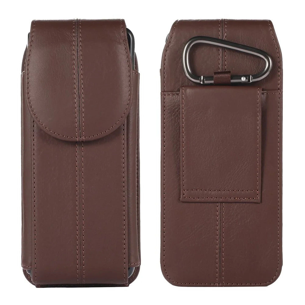 For Samsung Galaxy Z Fold3 5G Genuine Cowhide Leather Holster Vertical Phone Bag with Belt Loop and Carabiner - Brown - 1