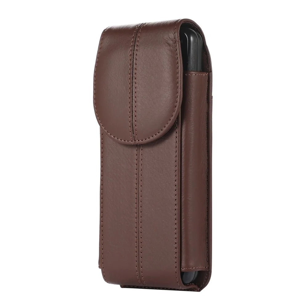 For Samsung Galaxy Z Fold3 5G Genuine Cowhide Leather Holster Vertical Phone Bag with Belt Loop and Carabiner - Brown - 5