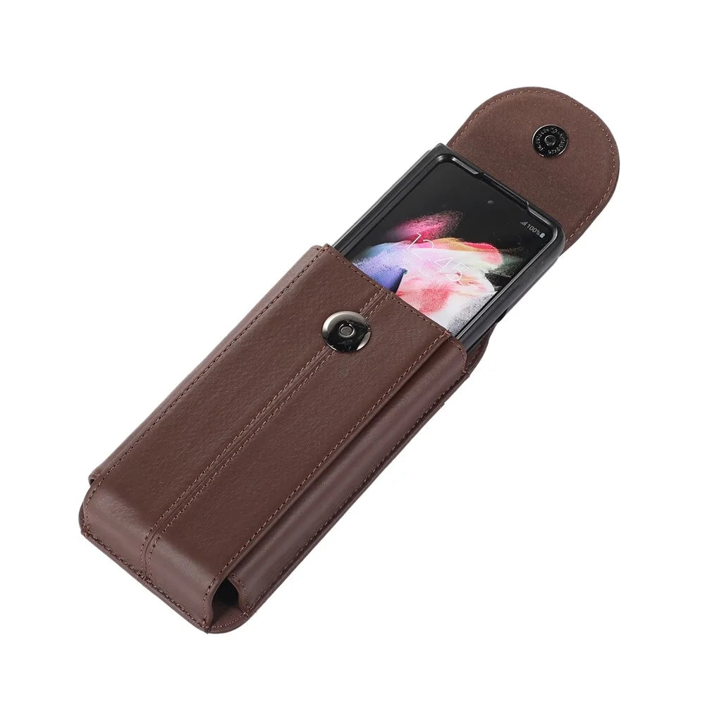 For Samsung Galaxy Z Fold3 5G Genuine Cowhide Leather Holster Vertical Phone Bag with Belt Loop and Carabiner - Brown - 6