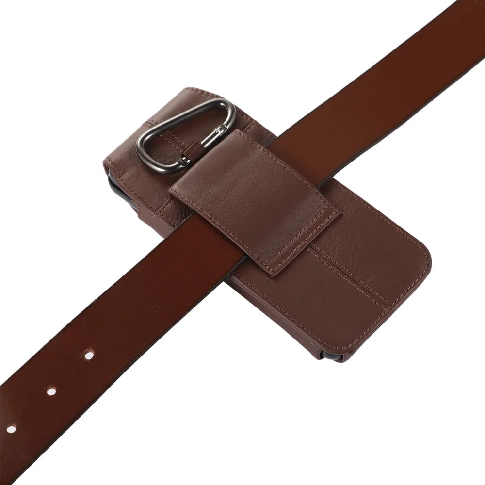 For Samsung Galaxy Z Fold3 5G Genuine Cowhide Leather Holster Vertical Phone Bag with Belt Loop and Carabiner - Brown - 7