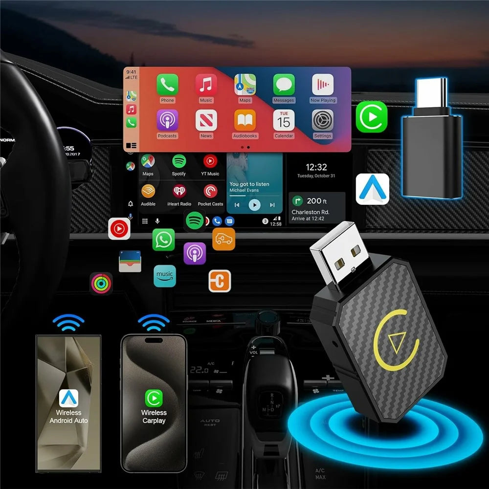 R5050 2 In 1 Wireless CarPlay Android Auto Adapter Carbon Fiber Texture WiFi Bluetooth-compatible 5.0 Smart Dongle - 5