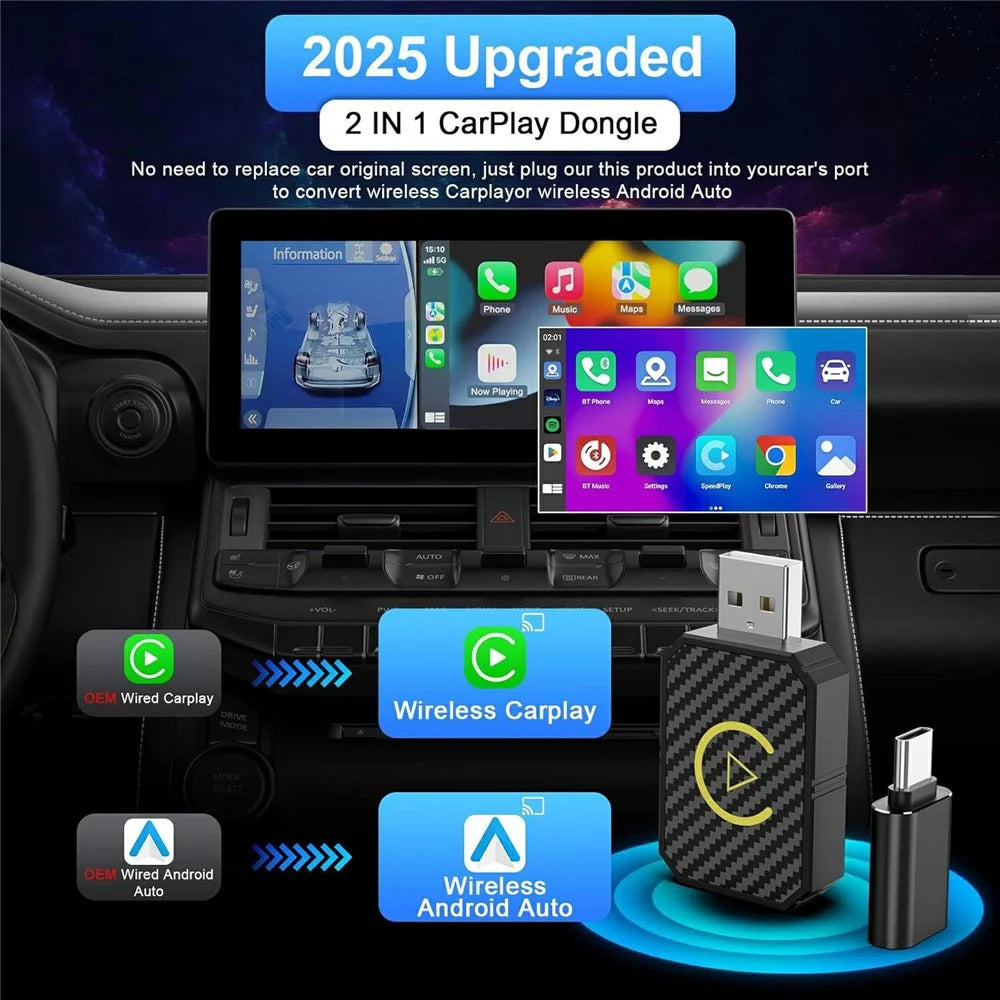 R5050 2 In 1 Wireless CarPlay Android Auto Adapter Carbon Fiber Texture WiFi Bluetooth-compatible 5.0 Smart Dongle - 6