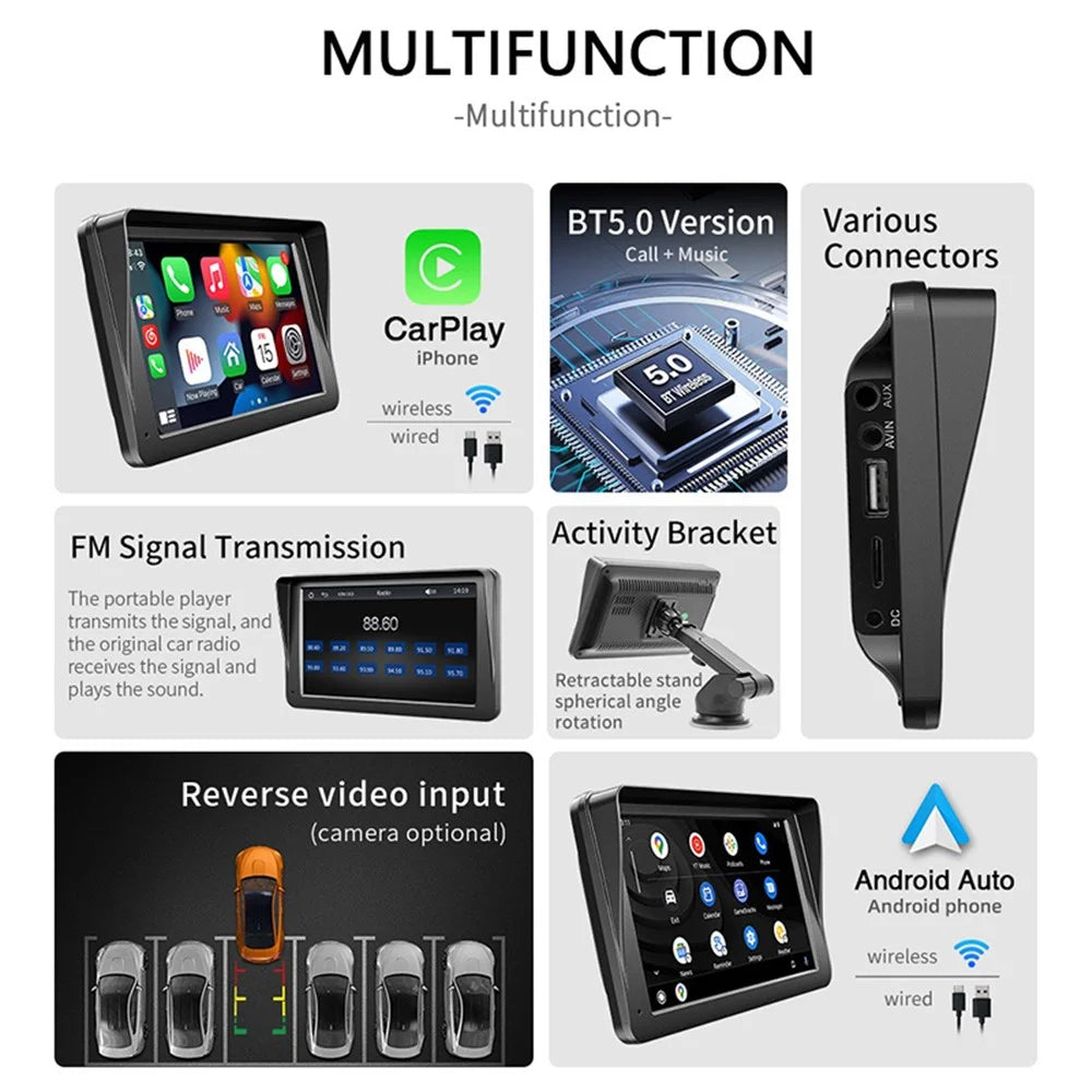 W505B Portable FM Car Player 2.4G / 5G Dual Frequency 7.0-inch HD Touch Display Car Player with 4LED Camera - 3