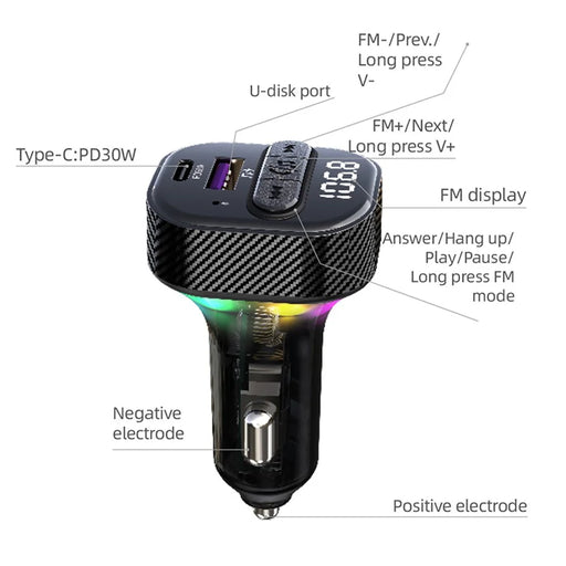 C50 PD 30W Fast Charging USB+Type-C Car Charger Bluetooth-compatible FM Transmitter with Colorful Light - 2