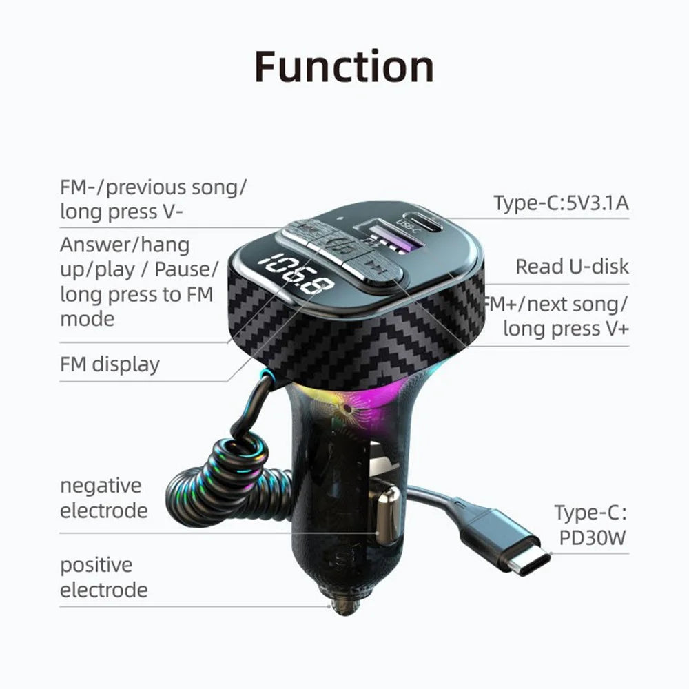 C52 Bluetooth-compatible Car MP3 Player FM Transmitter Type-C + QC3.0 USB Car Charger with PD 30W Type-C Cable - 2