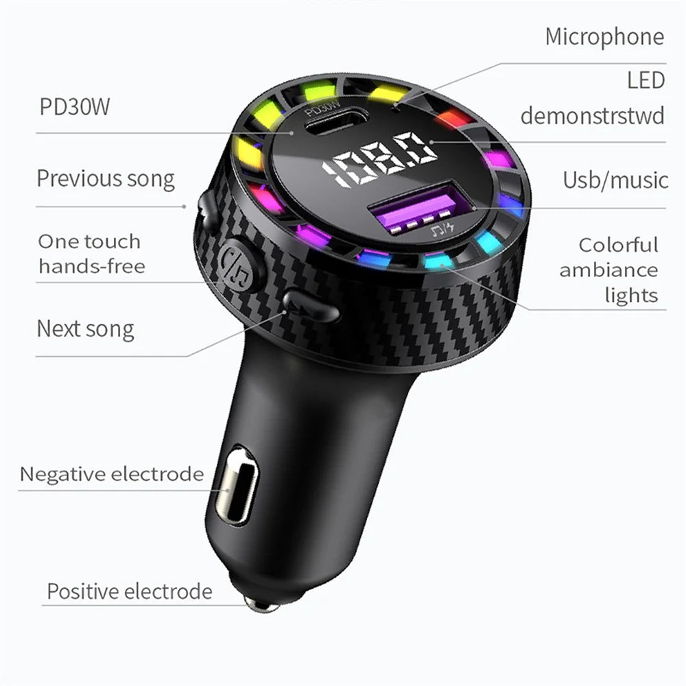 C55 USB+Type-C Car Fast Charger Bluetooth-compatible FM Transmitter with Breathing Light - 2