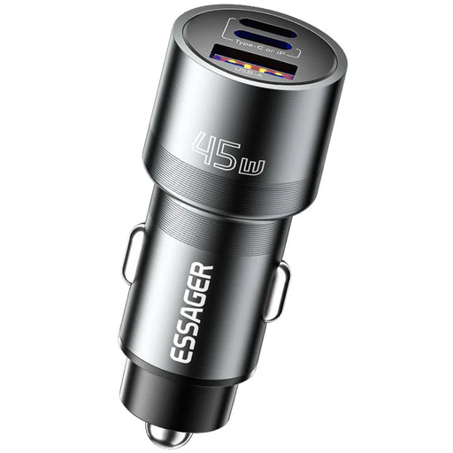 ESSAGER PD 45W Fast Charging Aluminum Alloy Type-C+Ip+USB-A 3-port Car Charger Adapter - Grey - 1