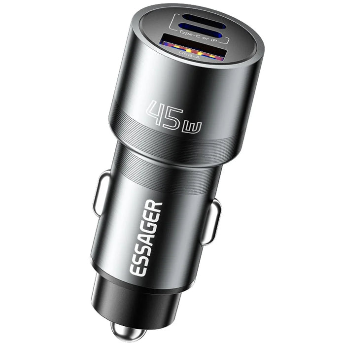 ESSAGER PD 45W Fast Charging Aluminum Alloy Type-C+Ip+USB-A 3-port Car Charger Adapter - Grey - 1