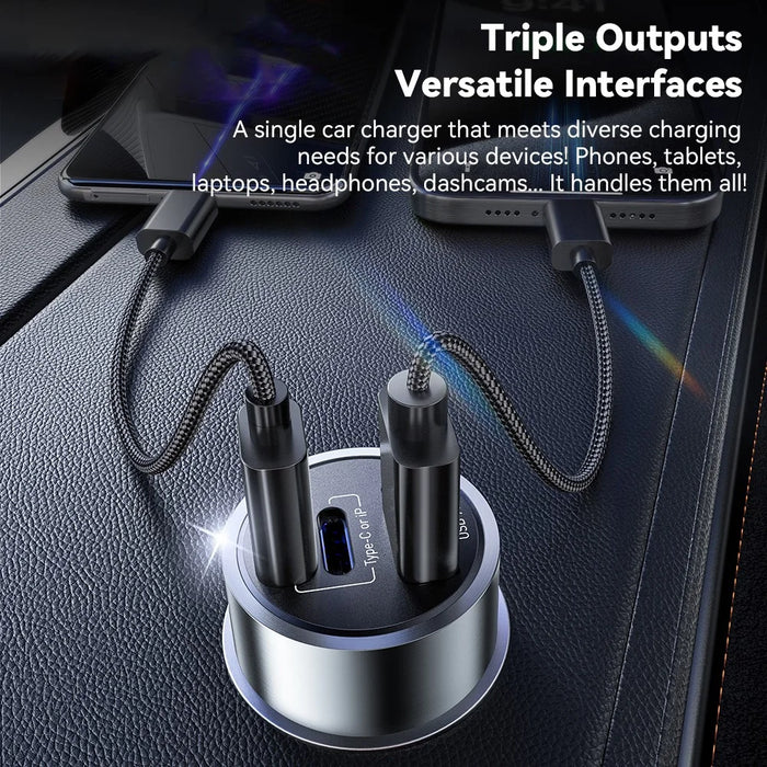ESSAGER PD 45W Fast Charging Aluminum Alloy Type-C+Ip+USB-A 3-port Car Charger Adapter - Grey - 2