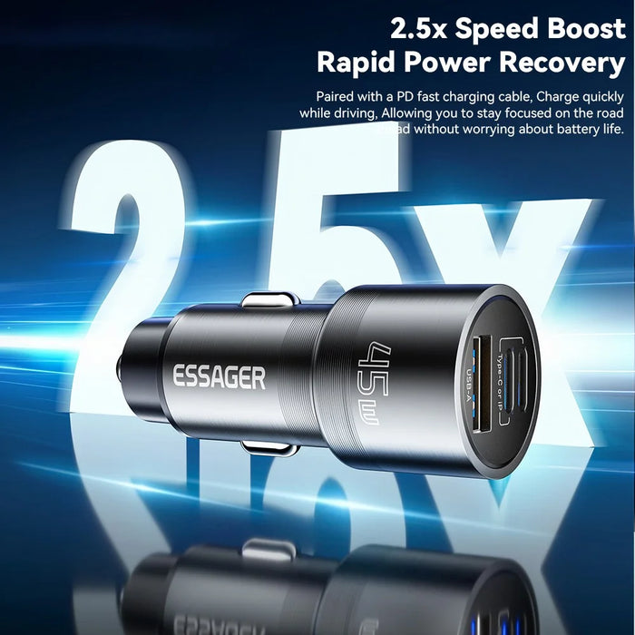 ESSAGER PD 45W Fast Charging Aluminum Alloy Type-C+Ip+USB-A 3-port Car Charger Adapter - Grey - 3