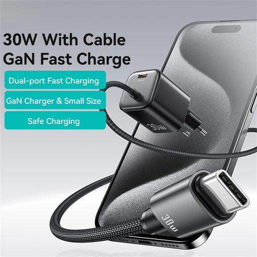 USAMS CC264 GaN Fast Charger Block 30W Dual Port Wall Charger with Type-C Cable, EU Plug - Black - 2