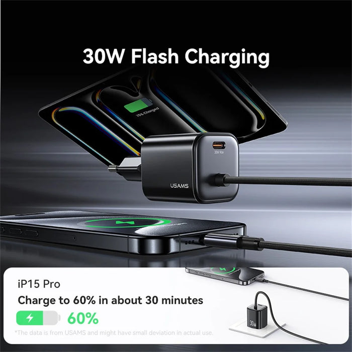 USAMS CC264 GaN Fast Charger Block 30W Dual Port Wall Charger with Type-C Cable, EU Plug - Black - 4