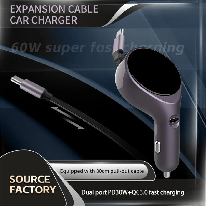K1 Car Charger Type C PD 20W Fast Charging Adapter with Retractable Cable - Purple - 4