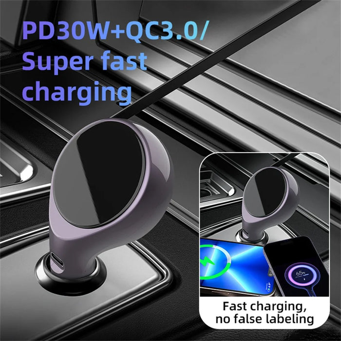 K1 Car Charger Type C PD 20W Fast Charging Adapter with Retractable Cable - Purple - 5