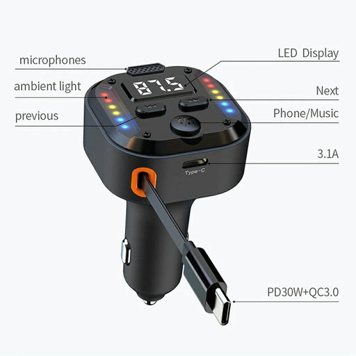 C69 Bluetooth-compatible Car Charger with Type-C Extendable Cable PD 30W Fast Charger FM Transmitter Hands Free Calling - 2