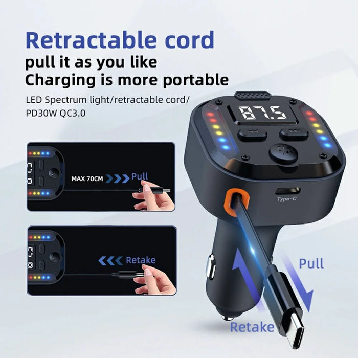 C69 Bluetooth-compatible Car Charger with Type-C Extendable Cable PD 30W Fast Charger FM Transmitter Hands Free Calling - 4