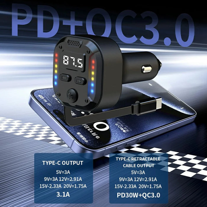 C69 Bluetooth-compatible Car Charger with Type-C Extendable Cable PD 30W Fast Charger FM Transmitter Hands Free Calling - 6