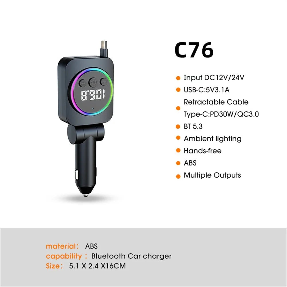 C76 PD 30W Car Charger with Retractable Cable  /  Cigarette Lighter Adapter  /  Bluetooth-compatible FM Transmitter - 2