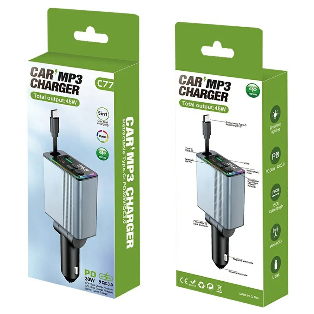 C77 Bluetooth-compatible Car Charger FM Transmitter Fast Charging Adapter with PD 30W Extendable Type-C Cable - 7