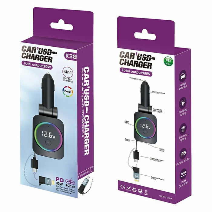 K38 USB + Type-C Car Charger PD 30W Fast Charging Cigarette Lighter Adapter with Retractable Cable - 7