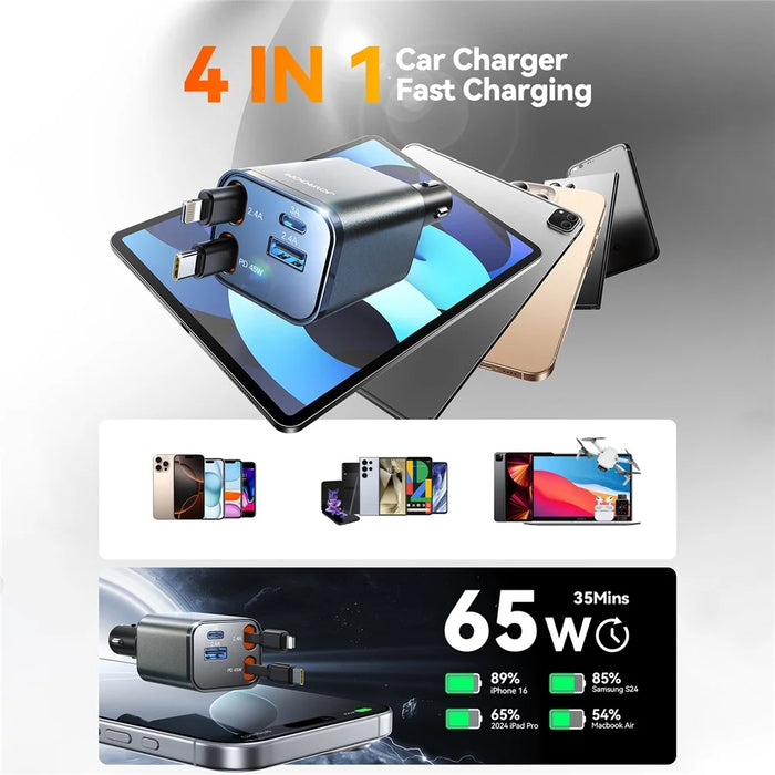 JOYROOM CCL05 4 in 1 Car Charger with 65W Fast Charging Retractable Dual Cables - 6