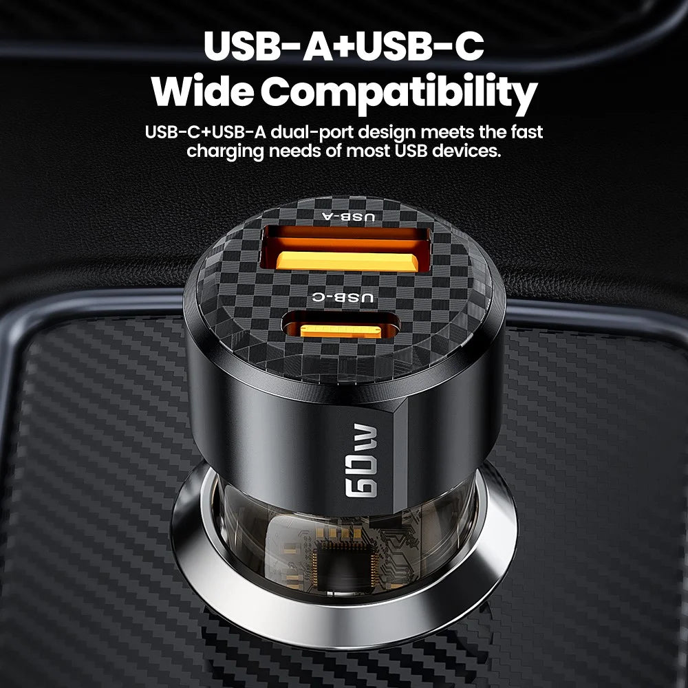 TOOCKI TQ-CC25A Car Charger 60W Dual Port USB-A and USB-C Fast Charging Adapter For Vehicle Use - 6